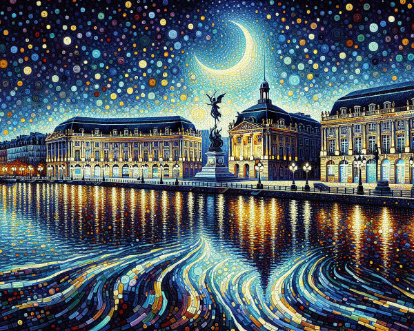 Starry Night Scene with Riverbank and Statue