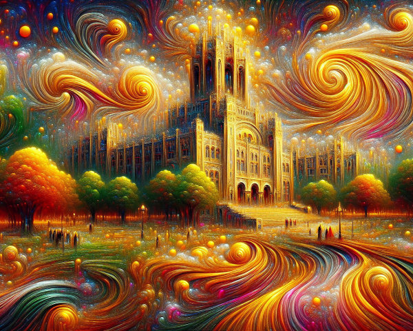 Surreal Landscape with Ornate Building and Vivid Colors