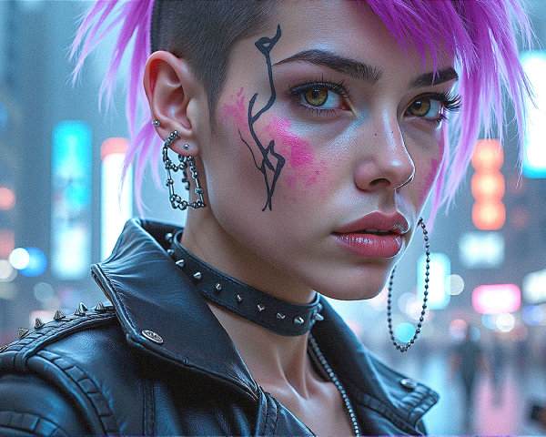 Young person with pink hair in neon-lit urban setting