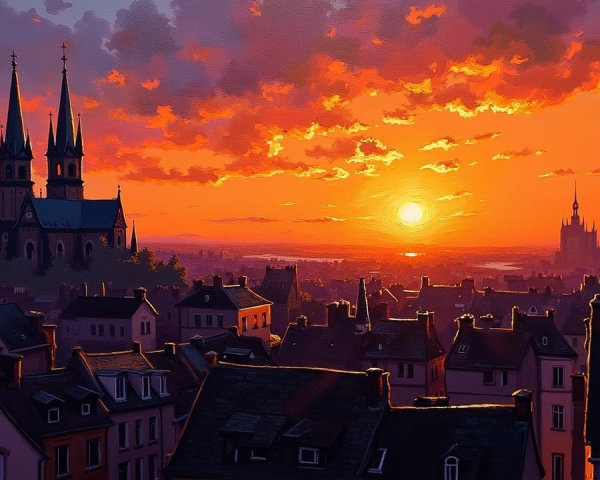 Vibrant Sunset Over Picturesque Cityscape and Waters
