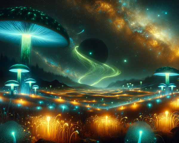 Surreal Landscape with Luminous Mushrooms and Galaxy