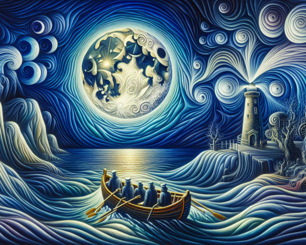 Moonlit Ocean Scene with Boat and Lighthouse