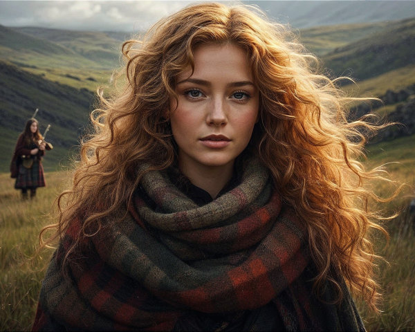 Young Woman in Plaid Shawl in Verdant Landscape