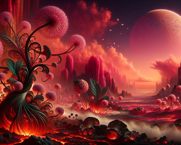 Alien Landscape with Crimson Rocks and Bioluminescent Flora