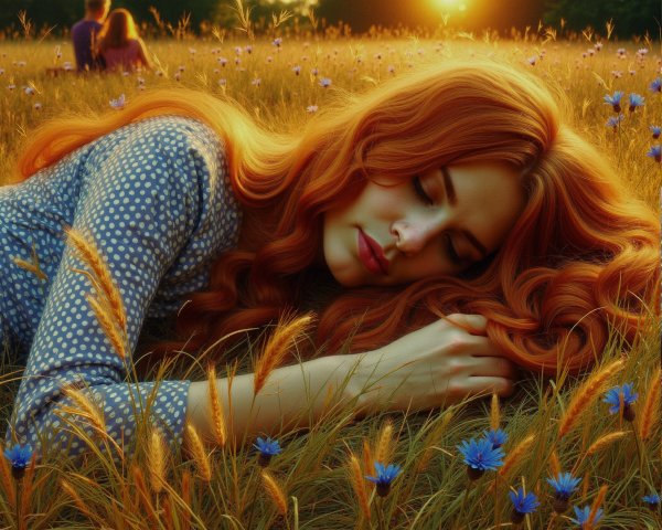Young Woman in Golden Grass Field at Sunset