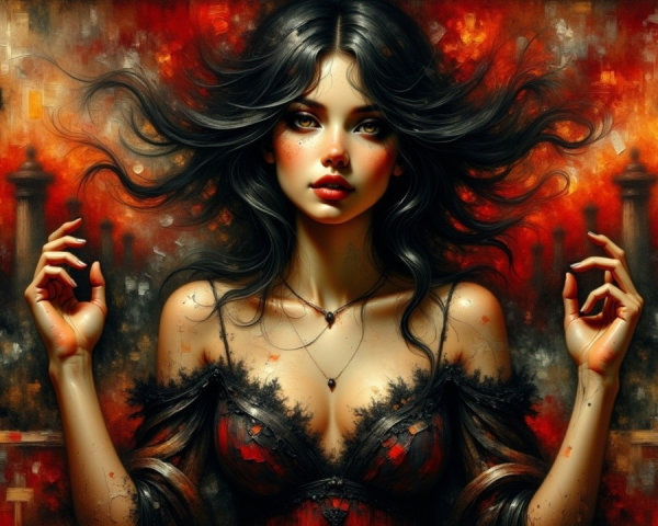 Striking Woman in Red Dress Against Fiery Background