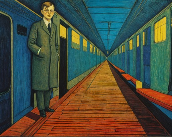 Vibrant Train Interior with Figures in Shadows