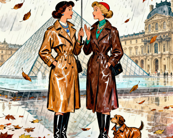 Stylish Women in Trench Coats Under Umbrella at Louvre