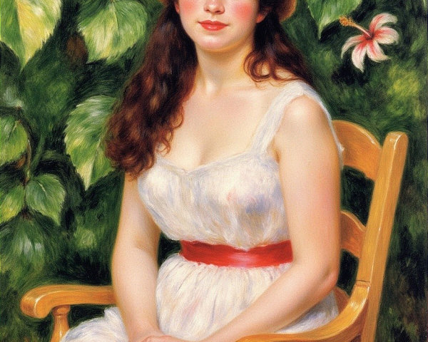 Young Woman in White Dress Surrounded by Greenery