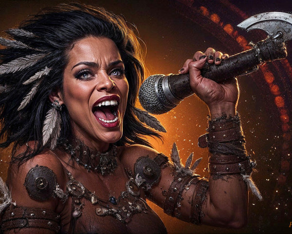 Fierce Woman in Tribal Armor Holding Microphone
