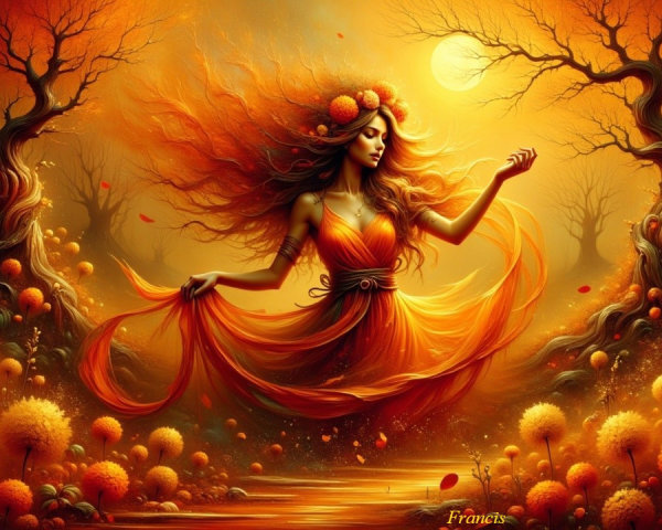 Autumn Landscape with Woman in Orange Gown and Trees