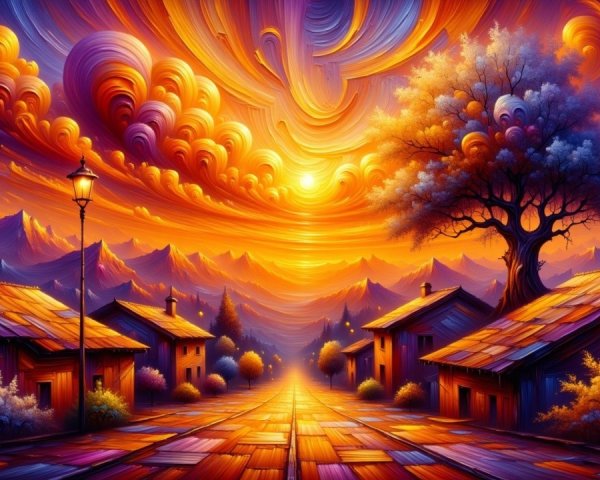 Vibrant Sunset Over a Serene Village Landscape