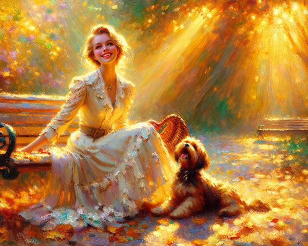 Young Woman in White Dress with Dog in Autumn Park