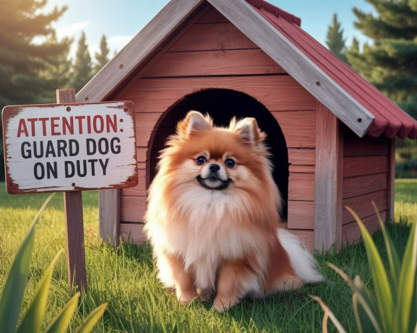 Fluffy Pomeranian by Quaint Wooden Doghouse