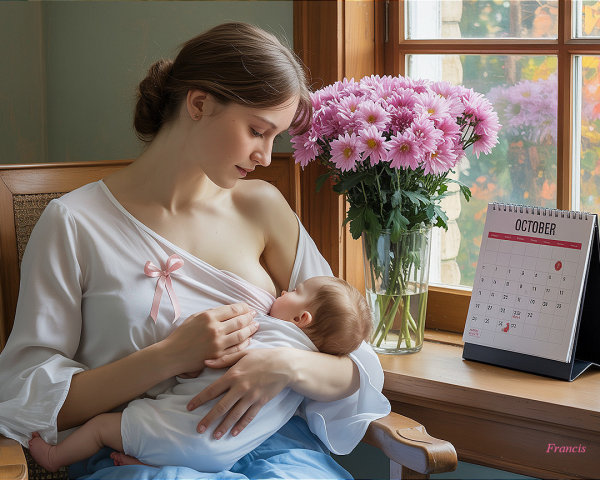 Mother Nursing Baby in Sunlit Cozy Setting