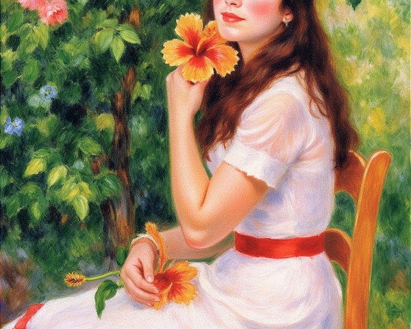 Young Woman in White Dress Surrounded by Colorful Garden