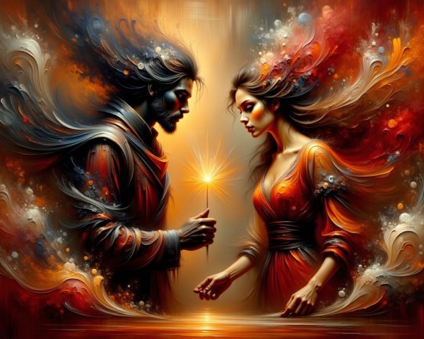 Artwork of a man and woman with vibrant swirling patterns