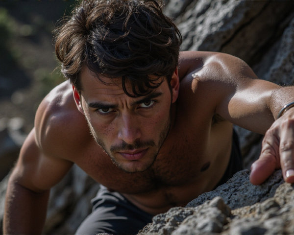 Climber Ascending Rugged Rock Face in Natural Landscape