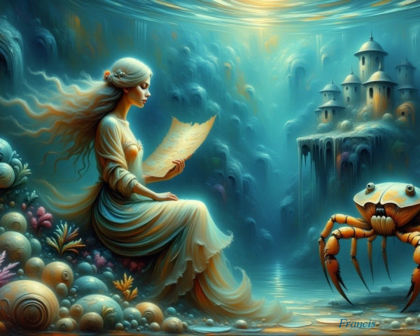 Underwater Scene with Woman, Coral, and Crab