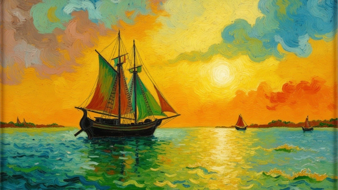 Vibrant Sunset Over Calm Waters with Sailing Ships