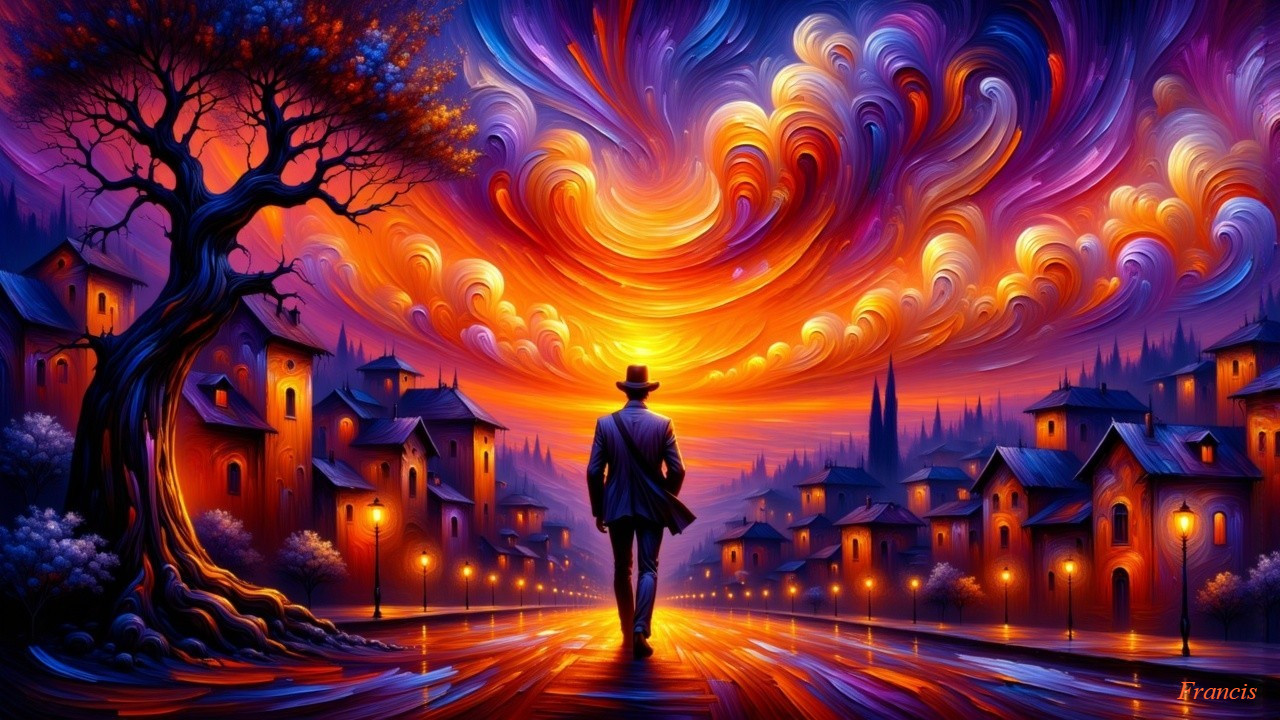 Vibrant Street Scene with Abstract Sky and Shadows