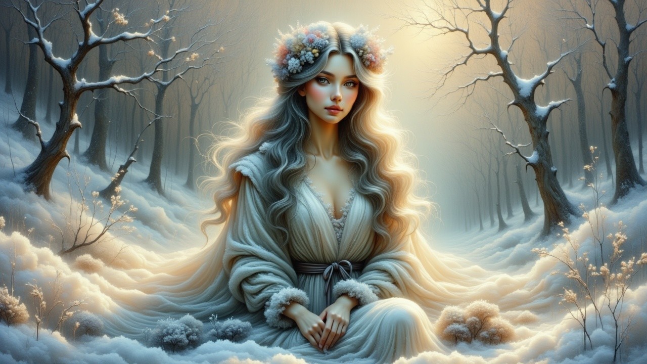 Serene Figure in Snowy Landscape with Ethereal Light
