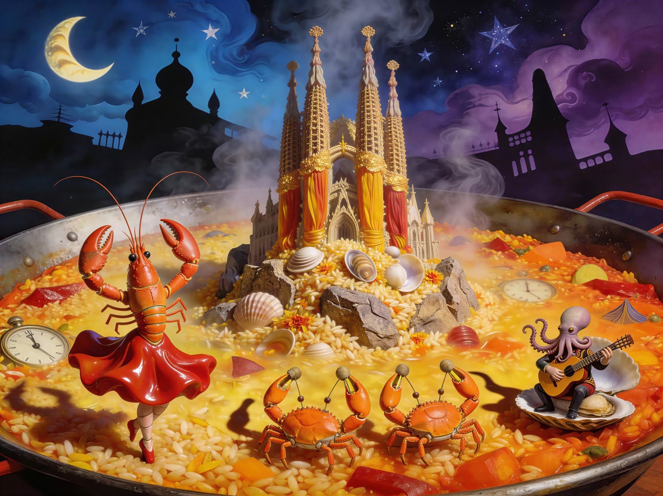 Surreal Digital Painting of Paella in Night Sky