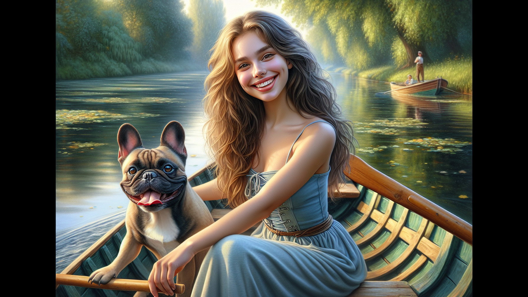 Young woman in a boat with a French Bulldog by river