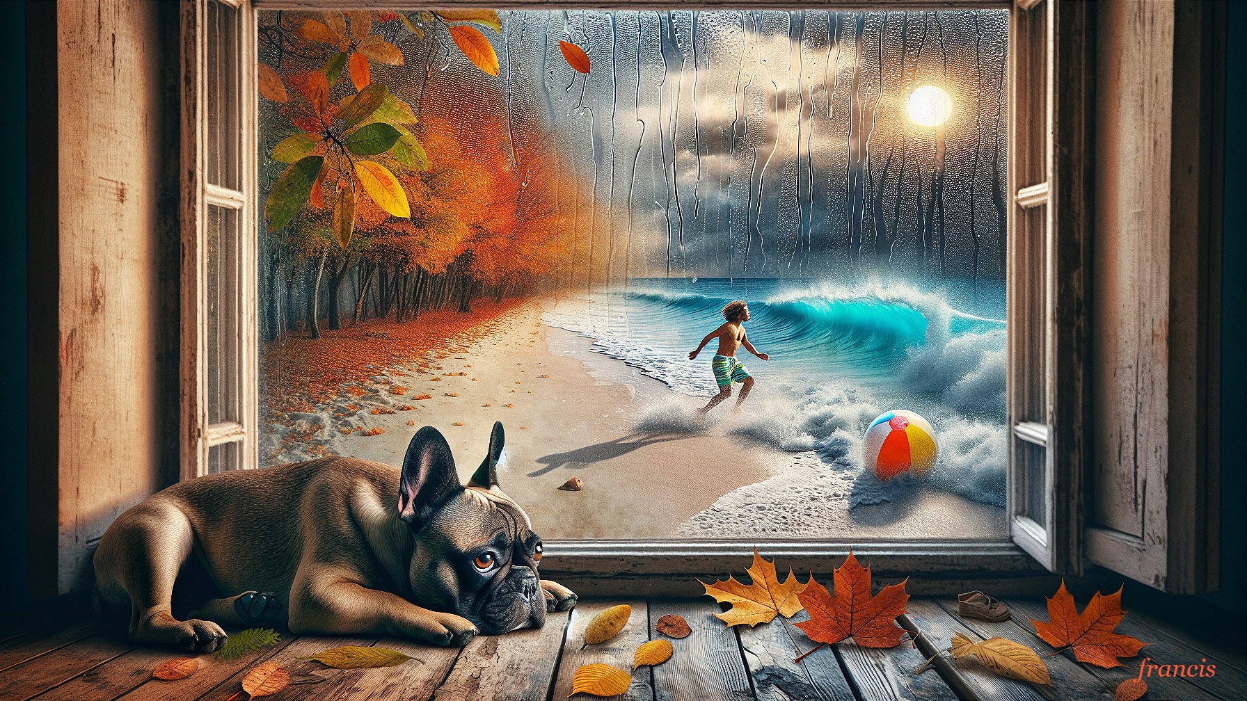 Autumn Landscape Meets Beach Scene with a Dog and Boy