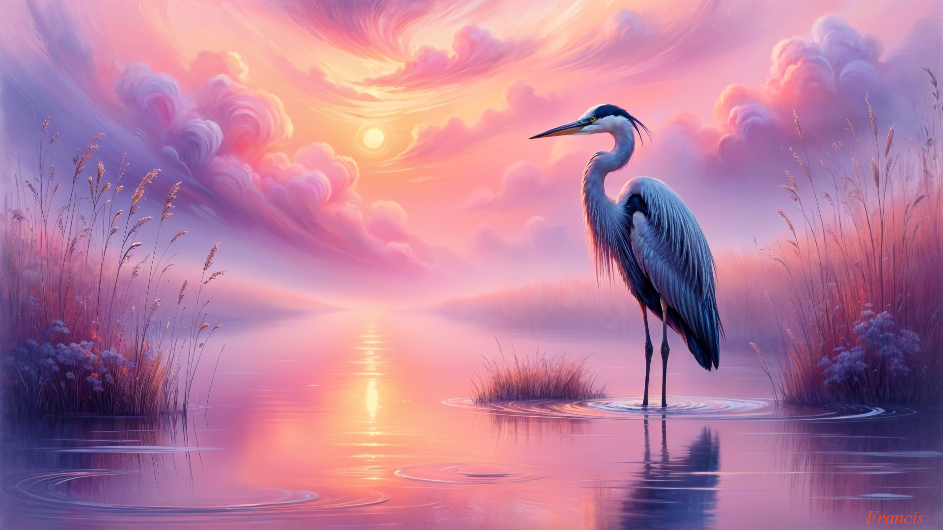 Serene Sunset Landscape with Heron and Reflective Waters