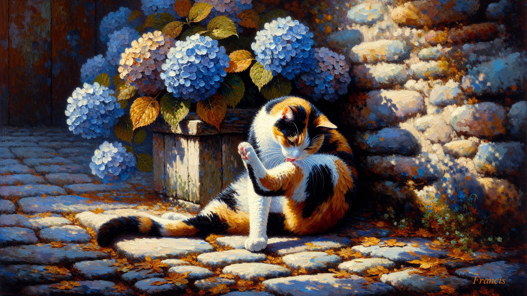 Calico Cat on Cobblestone Path with Hydrangeas