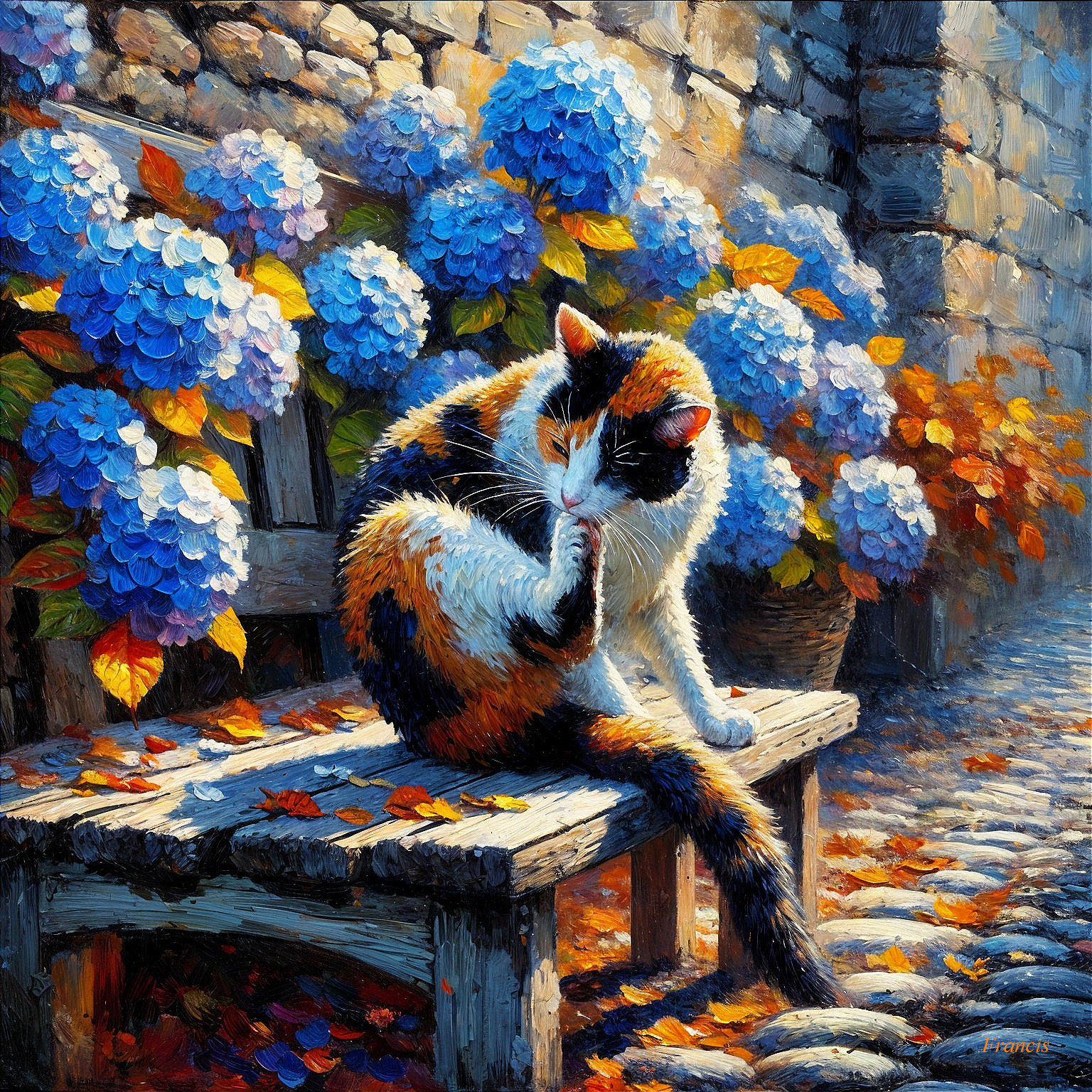 Calico Cat Grooming in a Garden with Hydrangeas