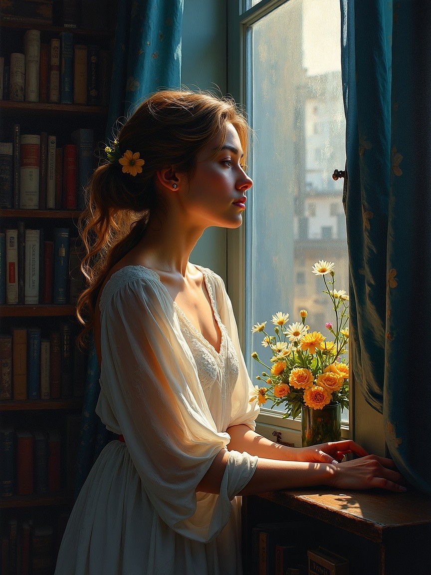 Young woman by sunlit window in white dress