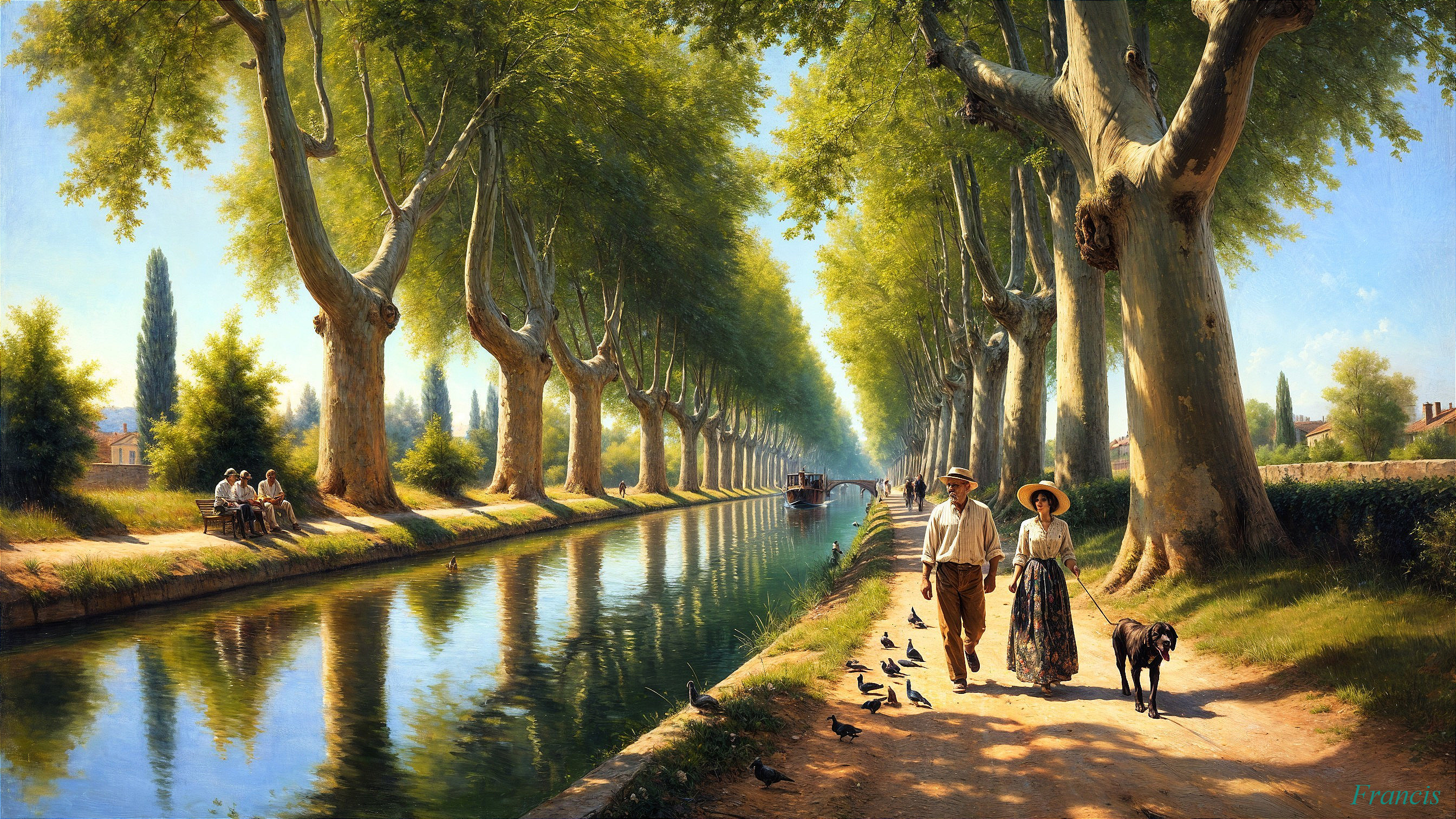 Tranquil Canal Scene with Vintage Attire and Nature