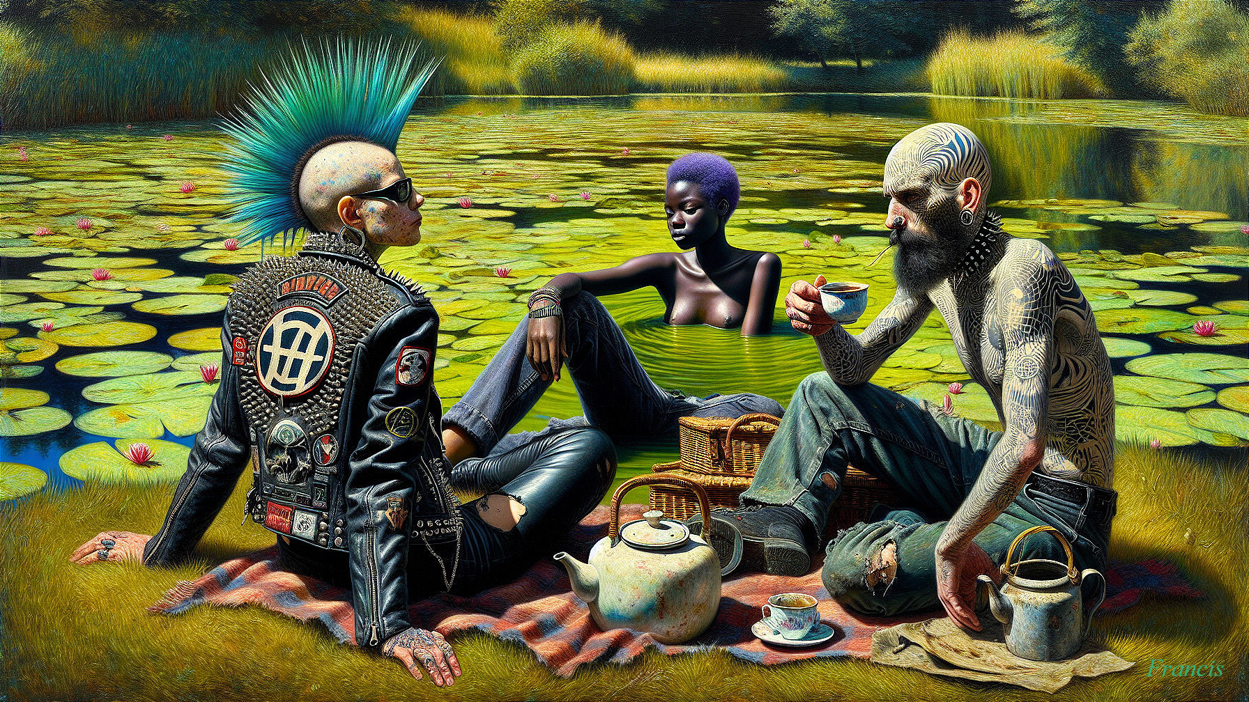 Picnic Scene by a Pond with Unique Individuals