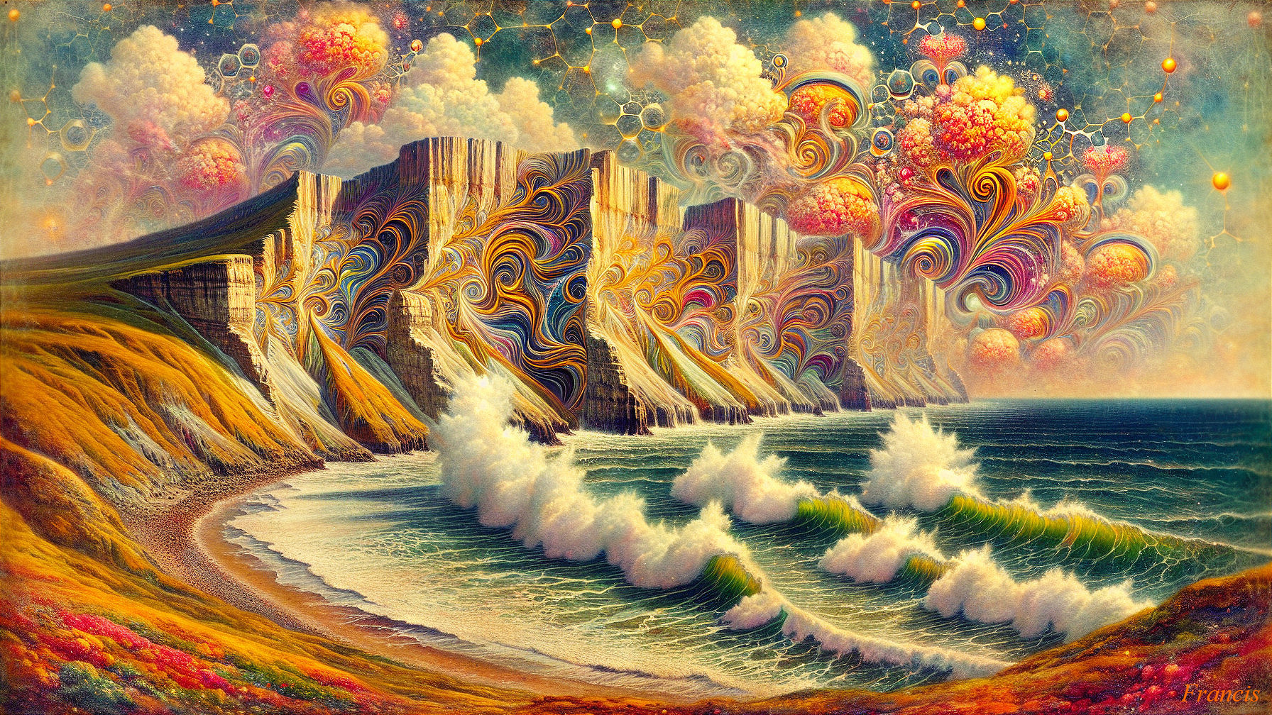 Vibrant Coastal Landscape with Colorful Cliffs and Waves