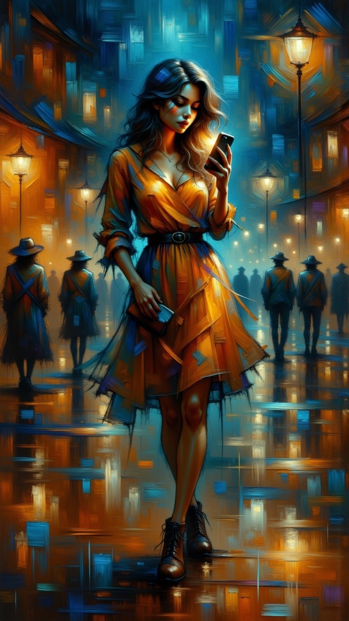 Woman in Orange Dress on Rainy Street at Night