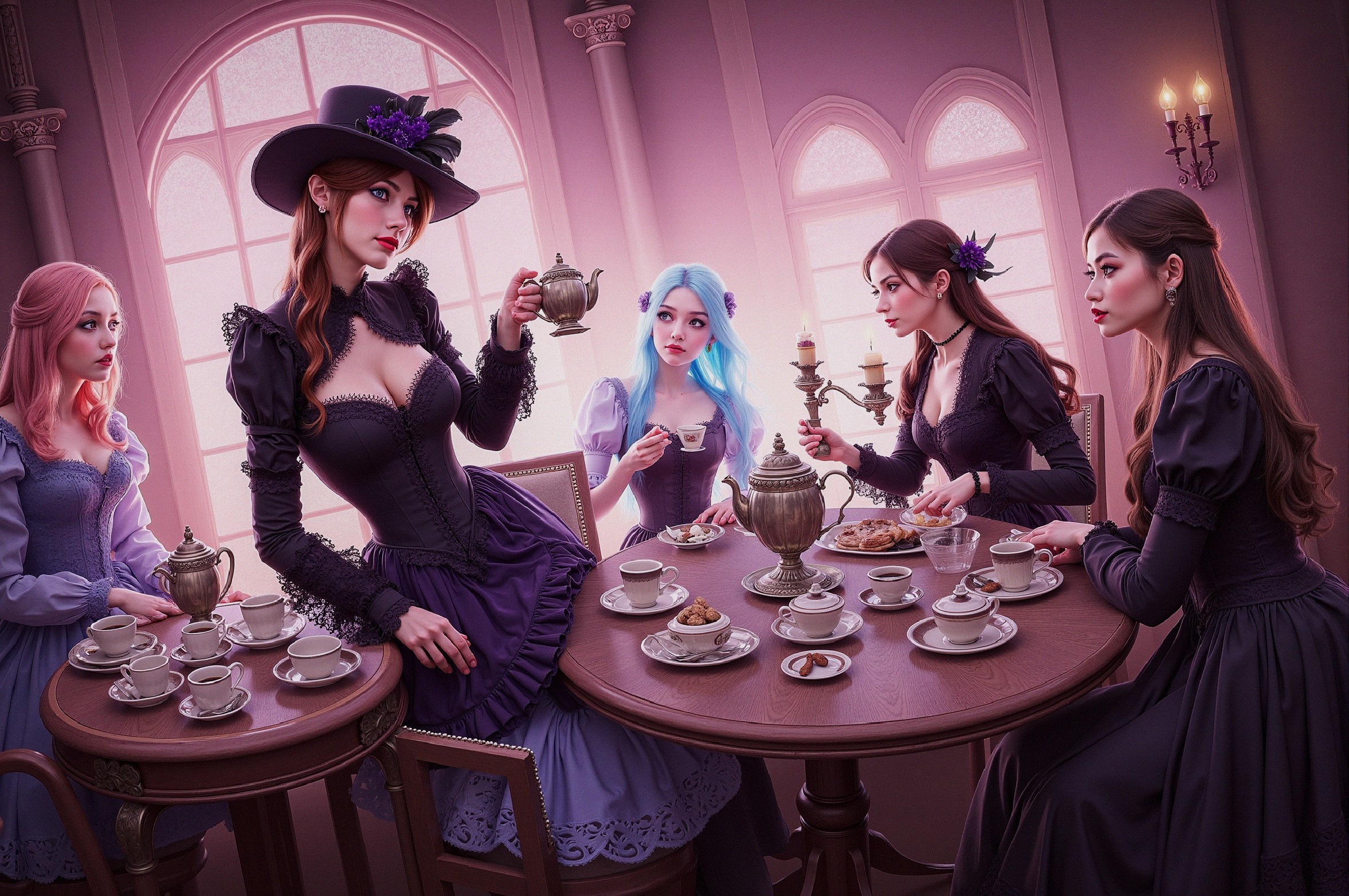 Elegant Tea Party with Five Women in Purple and Black