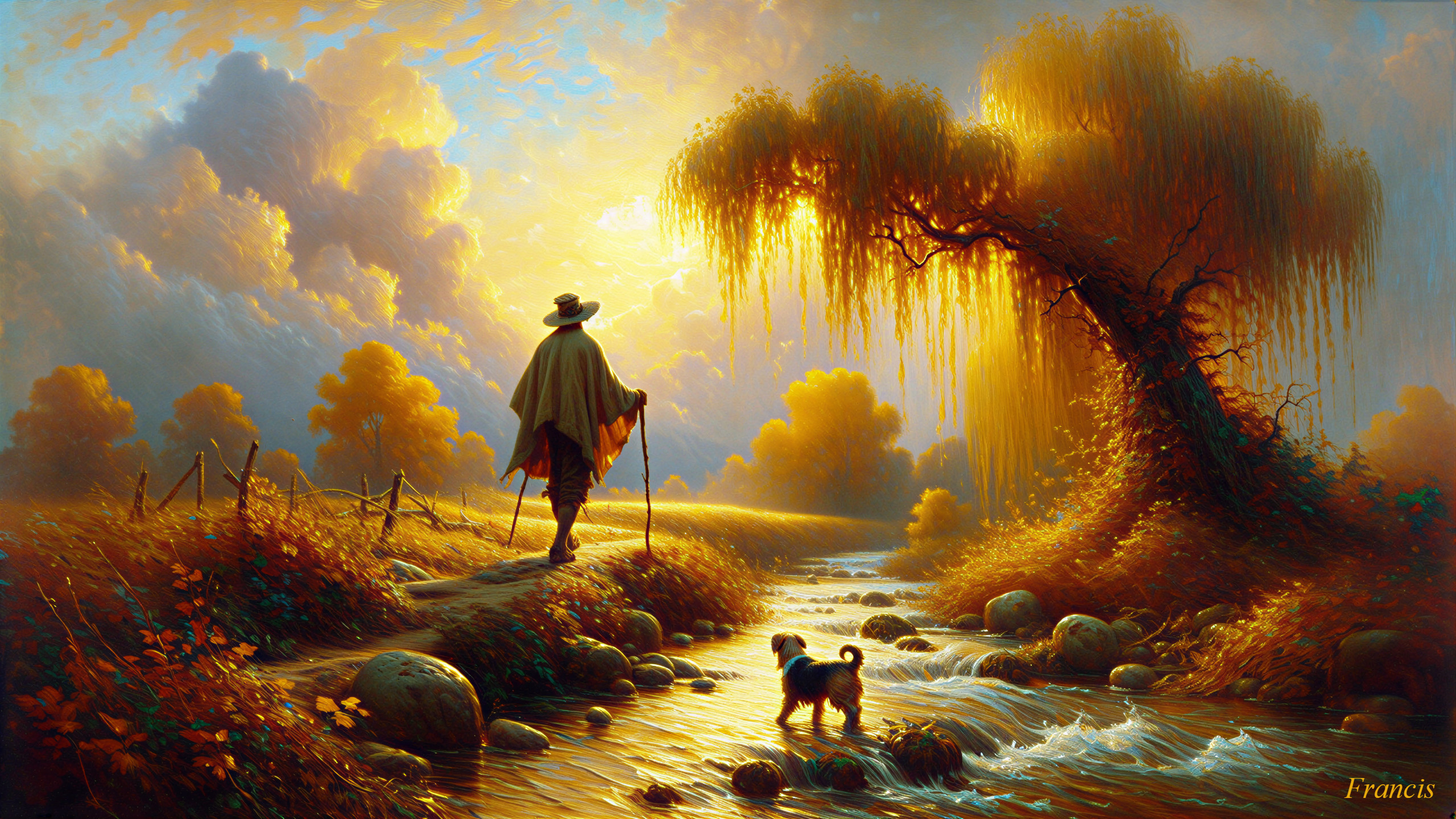 Serene Landscape with Traveler and Dog by Stream