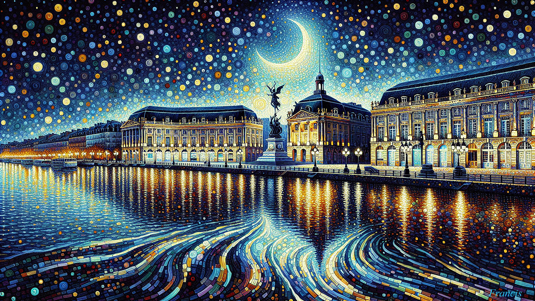 Starry Night Scene with Riverbank and Statue