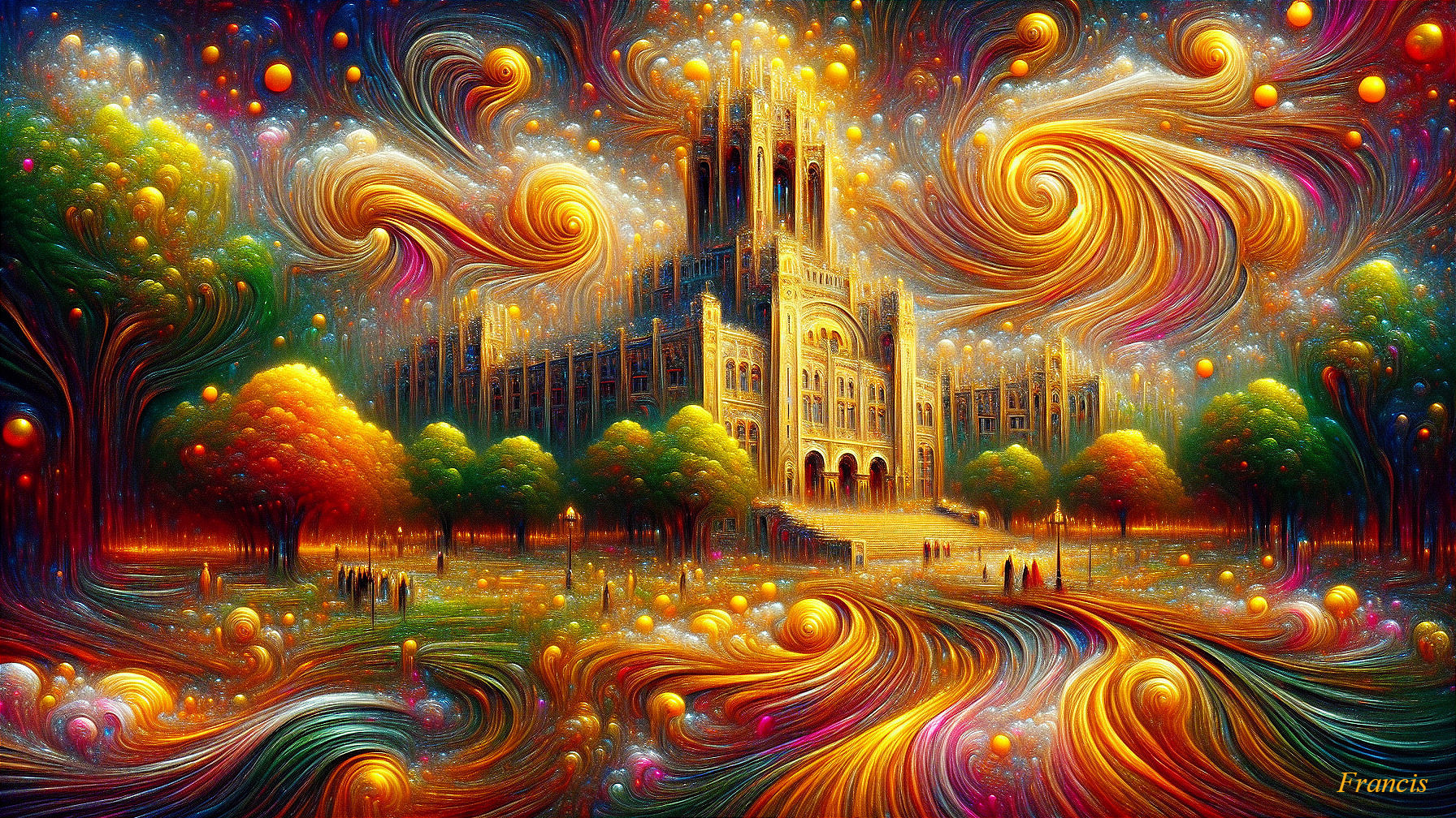 Surreal Landscape with Ornate Building and Vivid Colors