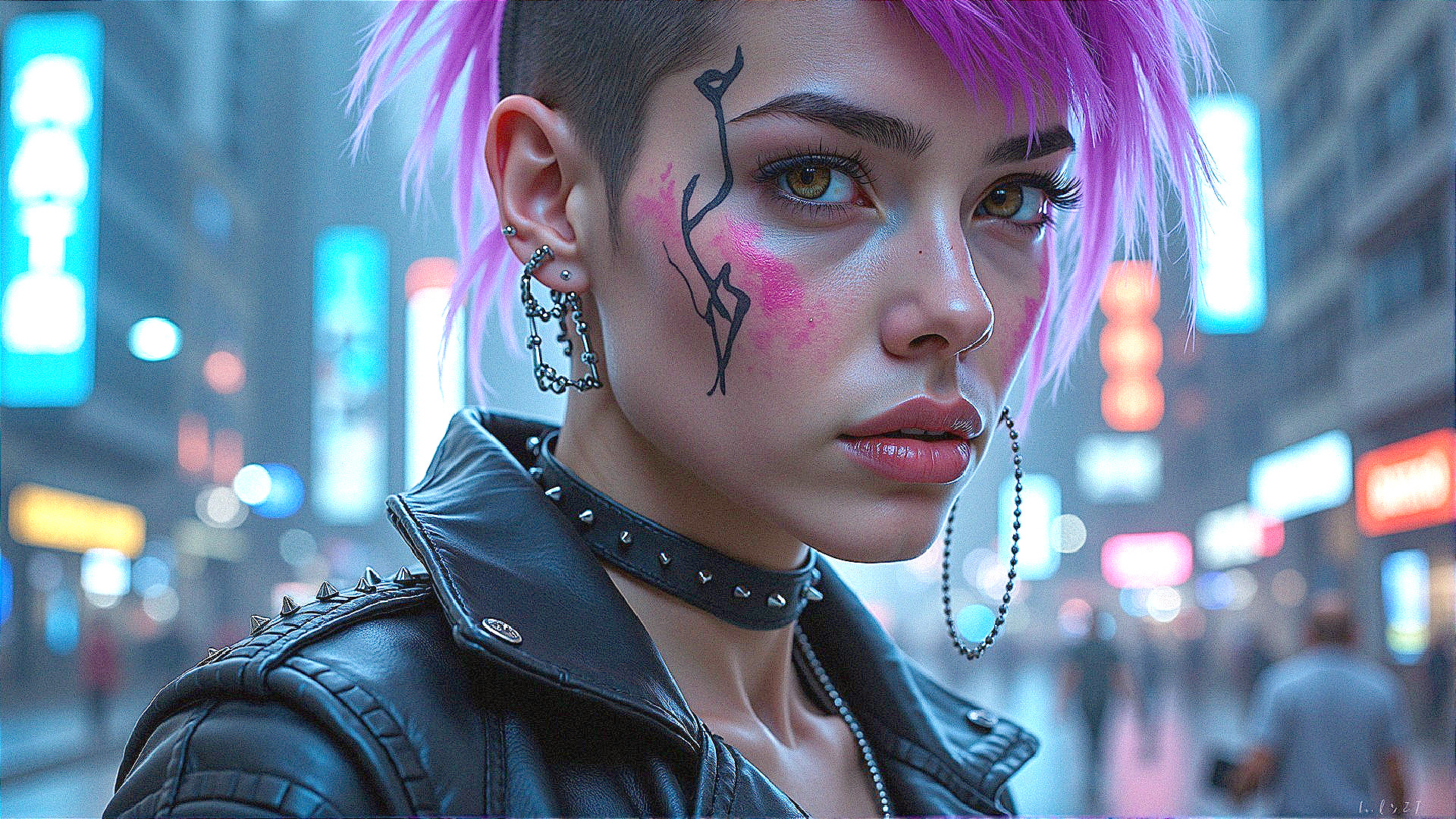 Young person with pink hair in neon-lit urban setting