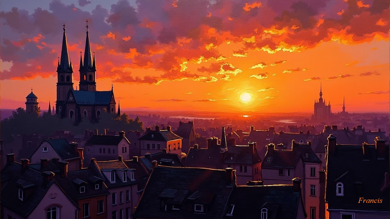 Vibrant Sunset Over Picturesque Cityscape and Waters