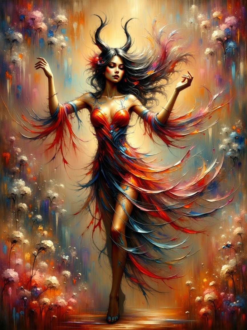 Ethereal Figure Dancing Among Colorful Flowers