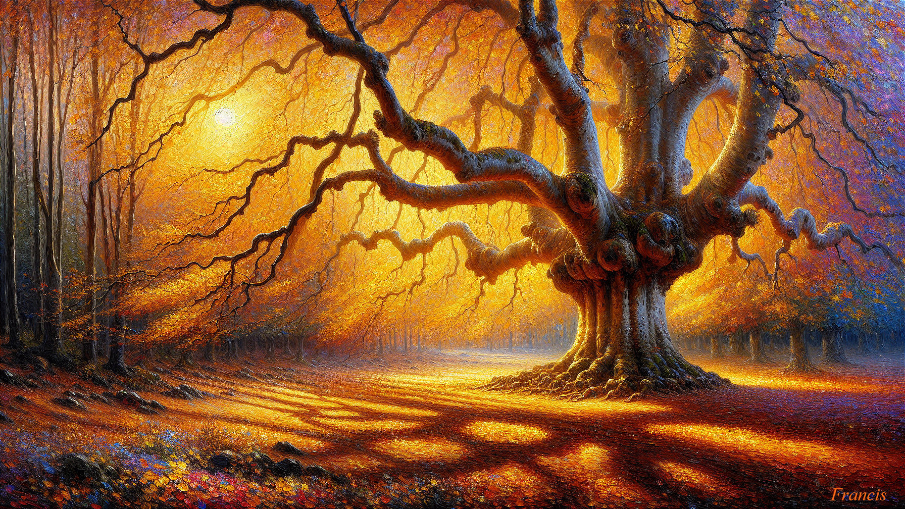Majestic Gnarled Tree in Vibrant Autumn Landscape