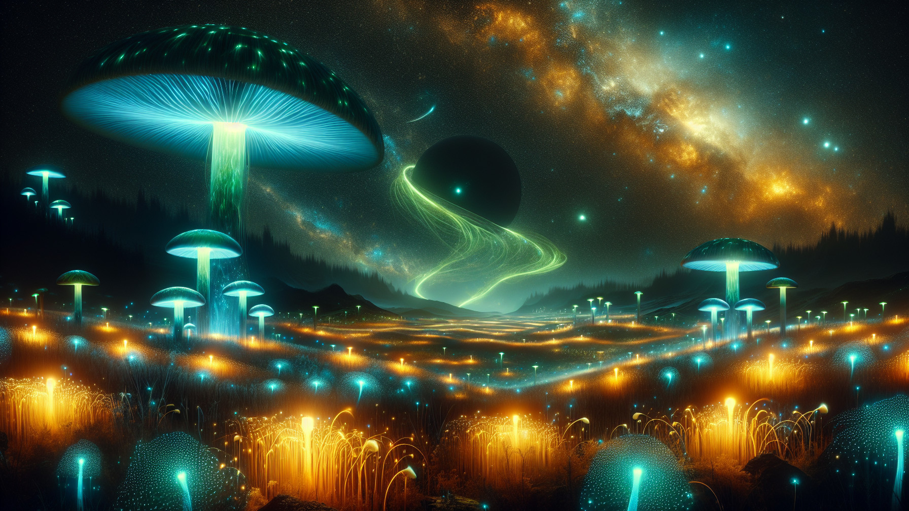 Surreal Landscape with Luminous Mushrooms and Galaxy