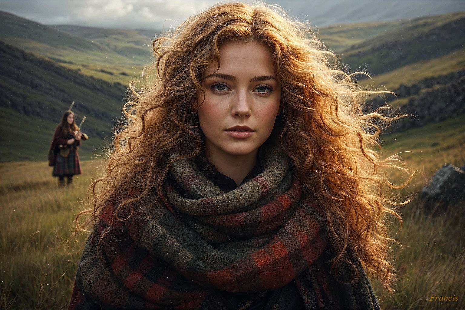 Young Woman in Plaid Shawl in Verdant Landscape