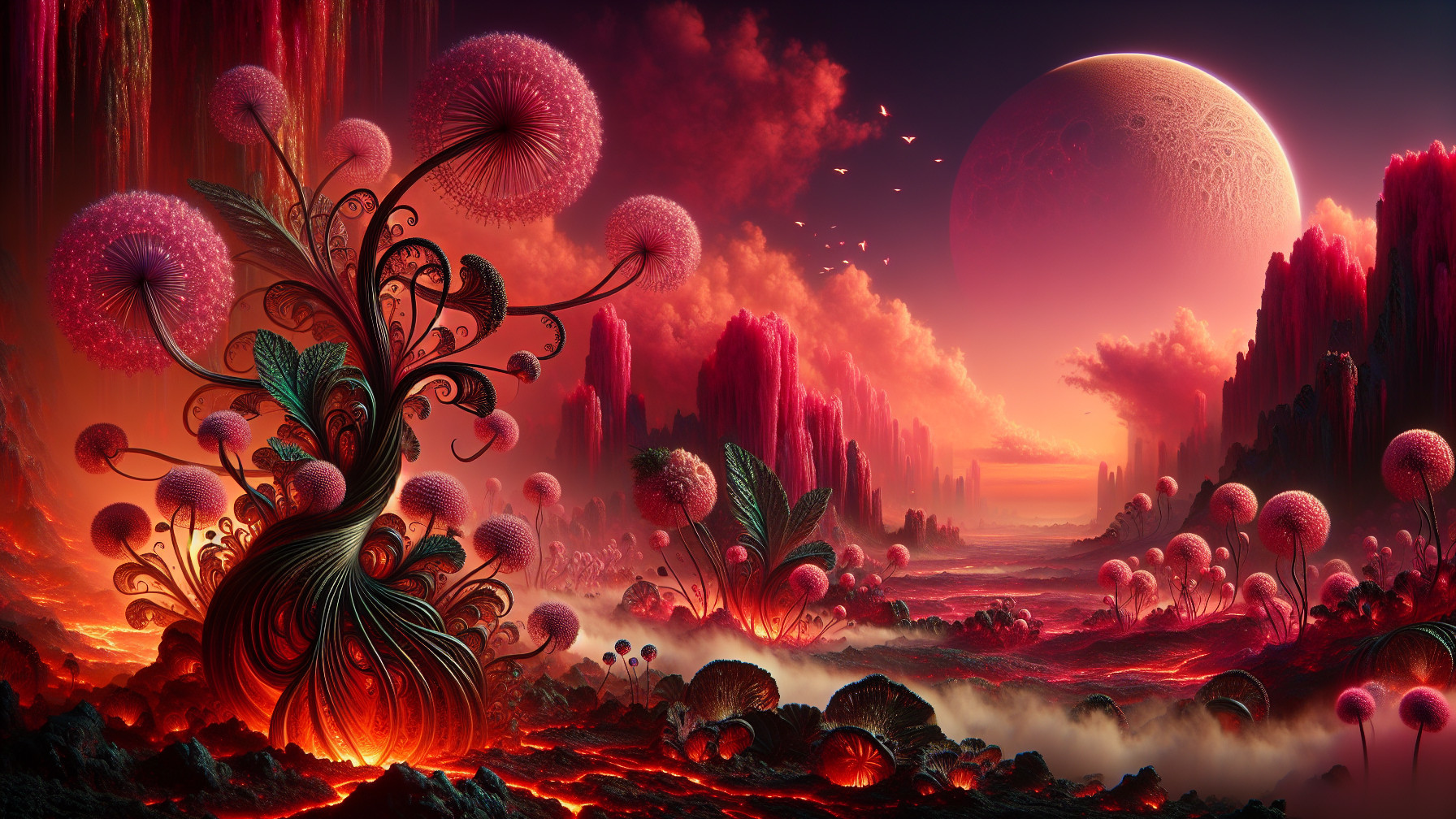 Alien Landscape with Crimson Rocks and Bioluminescent Flora