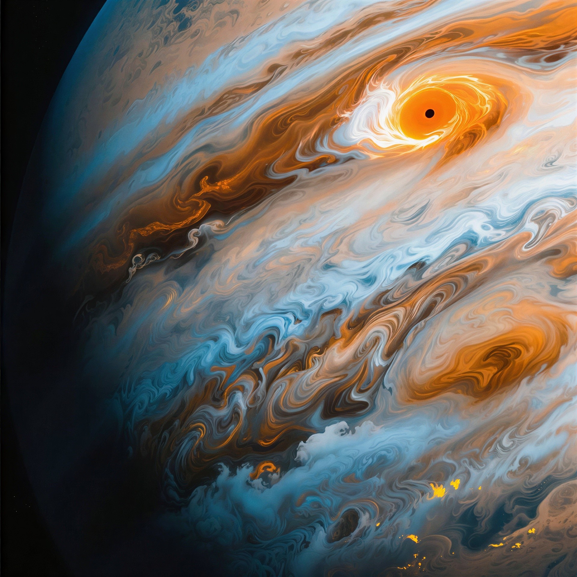 Close-Up of a Gas Giant with Vortex and Swirling Clouds