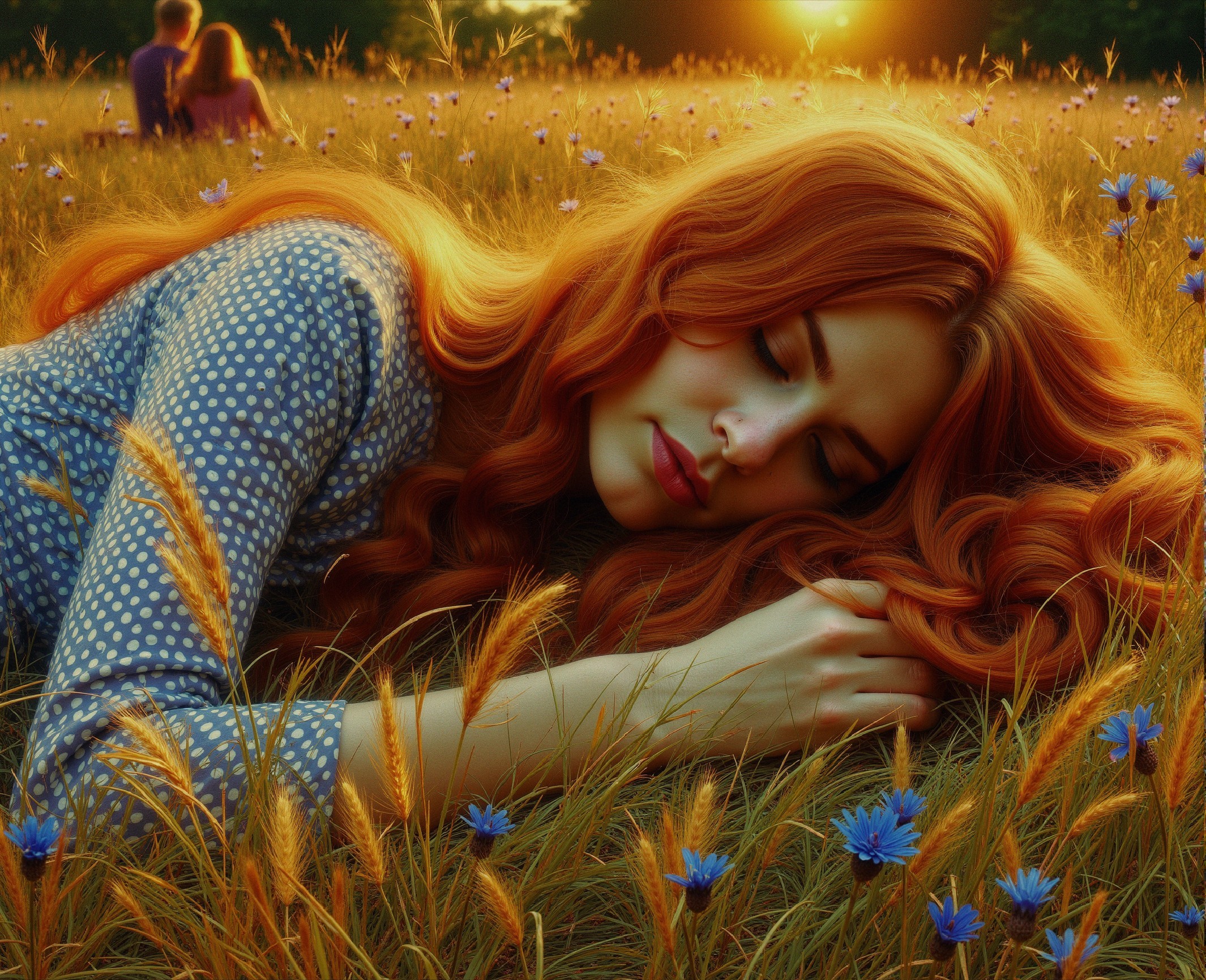 Young Woman in Golden Grass Field at Sunset